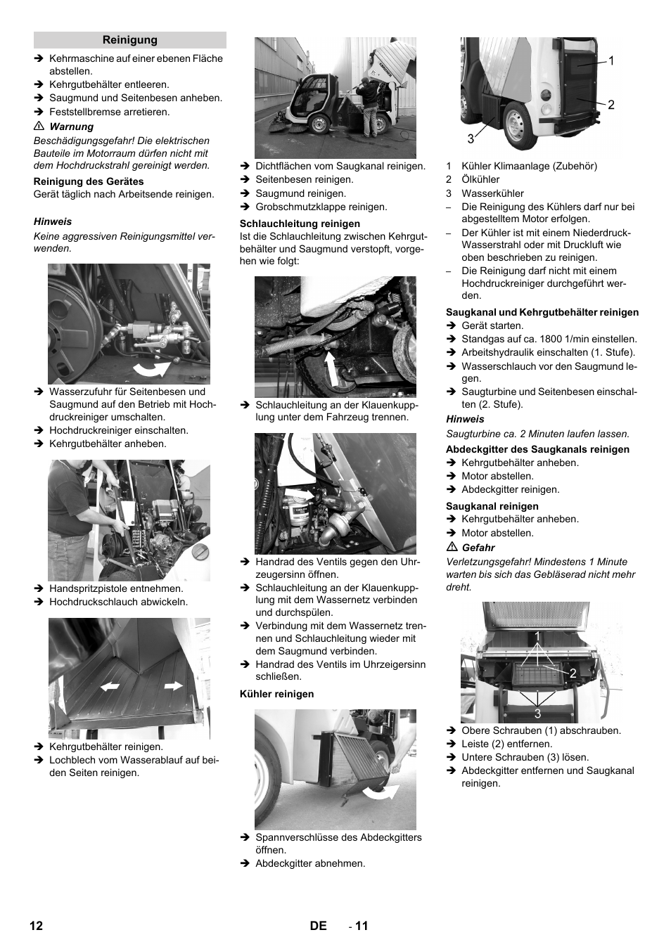 Reinigung, Reinigung des gerätes, Schlauchleitung reinigen | Kühler reinigen, Saugkanal und kehrgutbehälter reinigen, Abdeckgitter des saugkanals reinigen, Saugkanal reinigen | Karcher ICC 2 D ECO 2SB STAGE IIIa User Manual | Page 12 / 328