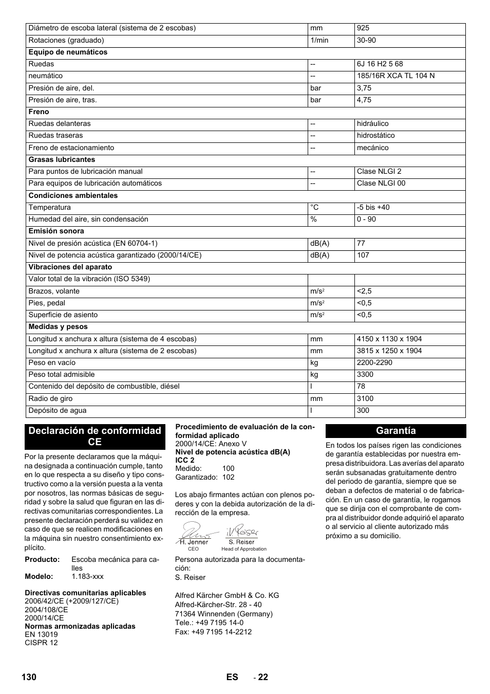 Declaración de conformidad ce, Garantía | Karcher ICC 2 D ECO 2SB STAGE IIIa User Manual | Page 130 / 328