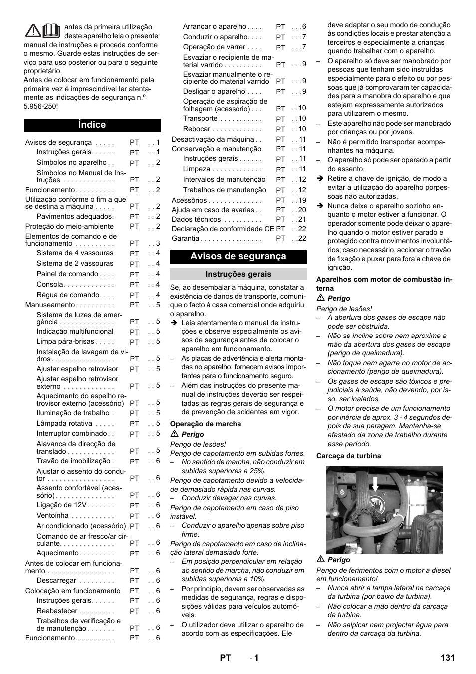 Português, Índice, Avisos de segurança | Instruções gerais, Operação de marcha, Aparelhos com motor de combustão interna, Carcaça da turbina | Karcher ICC 2 D ECO 2SB STAGE IIIa User Manual | Page 131 / 328