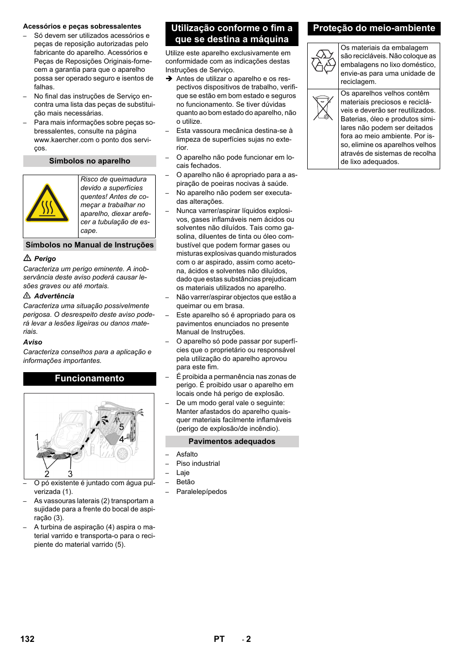 Acessórios e peças sobressalentes, Símbolos no aparelho, Símbolos no manual de instruções | Funcionamento, Pavimentos adequados, Proteção do meio-ambiente | Karcher ICC 2 D ECO 2SB STAGE IIIa User Manual | Page 132 / 328