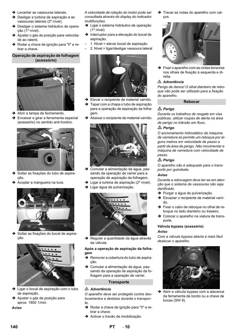 Operação de aspiração de folhagem (acessório), Após a operação de aspiração da folhagem, Transporte | Rebocar, Válvula bypass (acessório) | Karcher ICC 2 D ECO 2SB STAGE IIIa User Manual | Page 140 / 328