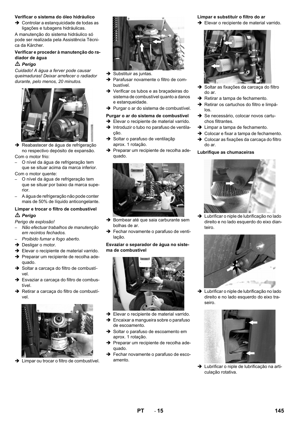 Verificar o sistema do óleo hidráulico, Limpar e trocar o filtro de combustível, Purgar o ar do sistema de combustível | Limpar e substituir o filtro do ar, Lubrifique as chumaceiras | Karcher ICC 2 D ECO 2SB STAGE IIIa User Manual | Page 145 / 328