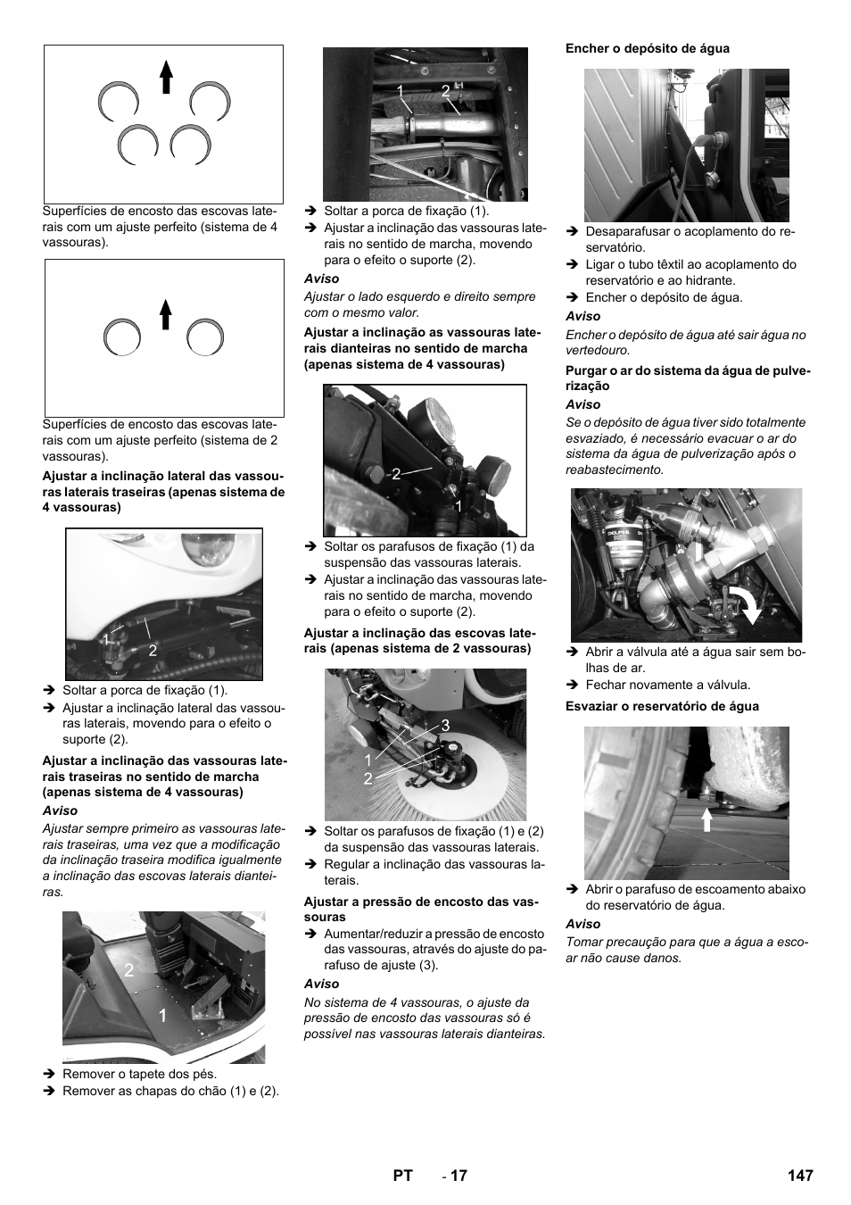 Ajustar a pressão de encosto das vassouras, Encher o depósito de água, Purgar o ar do sistema da água de pulverização | Esvaziar o reservatório de água | Karcher ICC 2 D ECO 2SB STAGE IIIa User Manual | Page 147 / 328