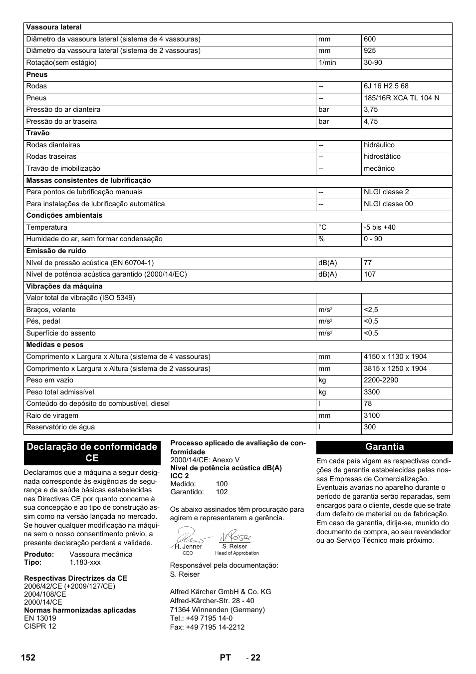 Declaração de conformidade ce, Garantia | Karcher ICC 2 D ECO 2SB STAGE IIIa User Manual | Page 152 / 328