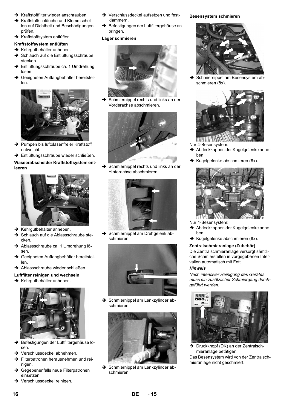 Kraftstoffsystem entlüften, Wasserabscheider kraftstoffsystem entleeren, Luftfilter reinigen und wechseln | Lager schmieren, Besensystem schmieren, Zentralschmieranlage (zubehör) | Karcher ICC 2 D ECO 2SB STAGE IIIa User Manual | Page 16 / 328