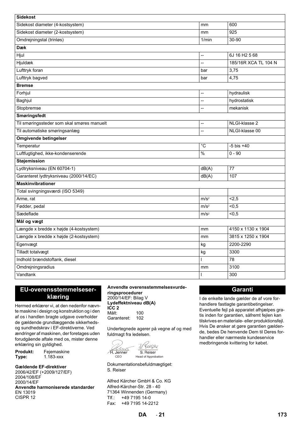 Eu-overensstemmelseserklæring, Garanti, Eu-overensstemmelseser- klæring | Karcher ICC 2 D ECO 2SB STAGE IIIa User Manual | Page 173 / 328