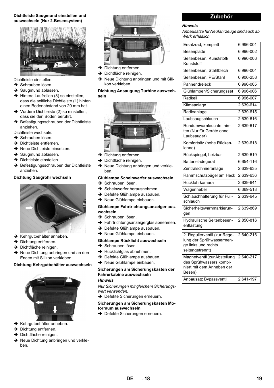 Dichtung saugrohr wechseln, Dichtung kehrgutbehälter auswechseln, Dichtung ansaugung turbine auswechseln | Glühlampe scheinwerfer auswechseln, Glühlampe fahrtrichtungsanzeiger auswechseln, Glühlampe rücklicht auswechseln, Zubehör | Karcher ICC 2 D ECO 2SB STAGE IIIa User Manual | Page 19 / 328