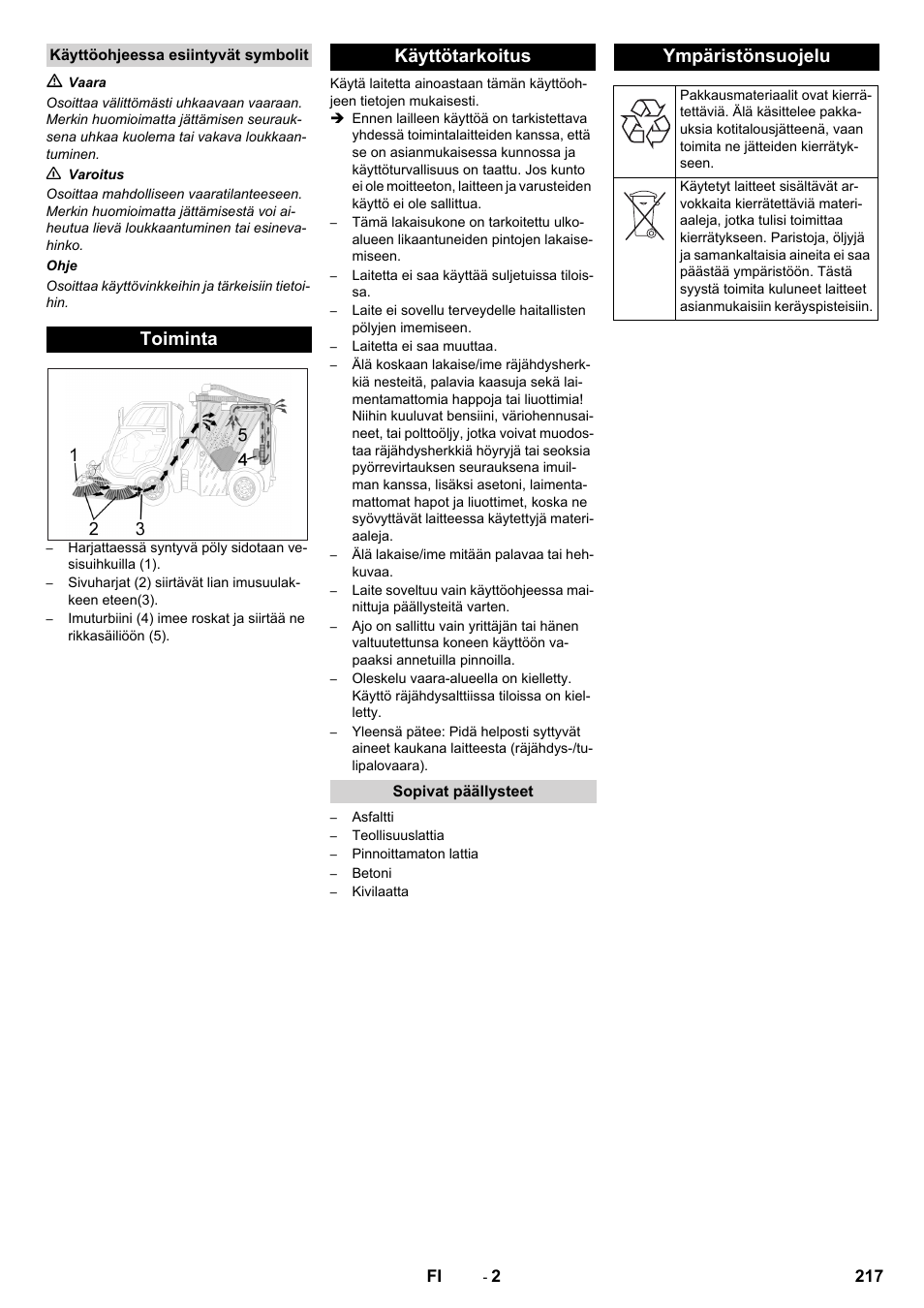 Käyttöohjeessa esiintyvät symbolit, Toiminta, Käyttötarkoitus | Sopivat päällysteet, Ympäristönsuojelu, Toiminta käyttötarkoitus | Karcher ICC 2 D ECO 2SB STAGE IIIa User Manual | Page 217 / 328