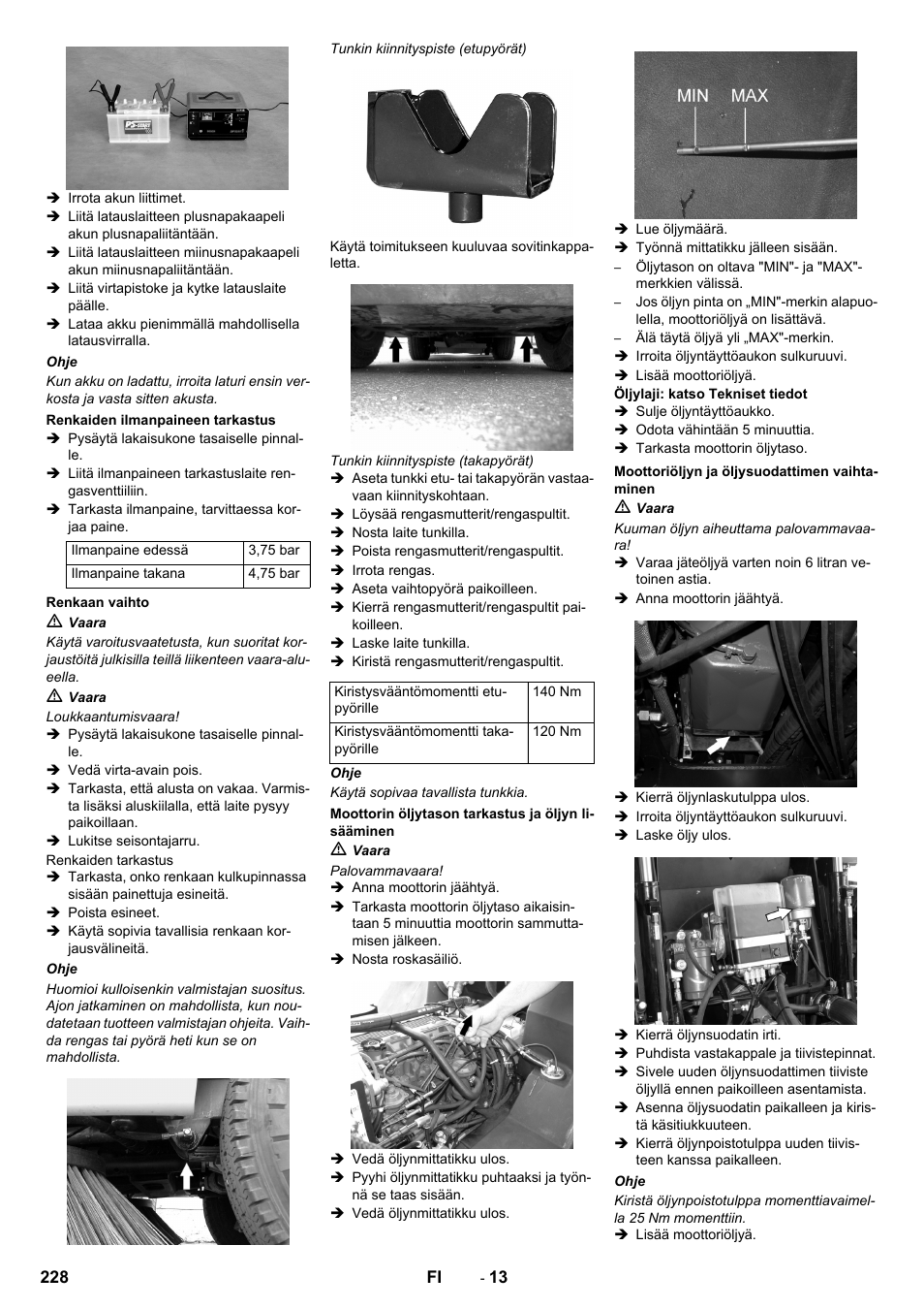 Renkaiden ilmanpaineen tarkastus, Renkaan vaihto, Moottorin öljytason tarkastus ja öljyn lisääminen | Moottoriöljyn ja öljysuodattimen vaihtaminen | Karcher ICC 2 D ECO 2SB STAGE IIIa User Manual | Page 228 / 328