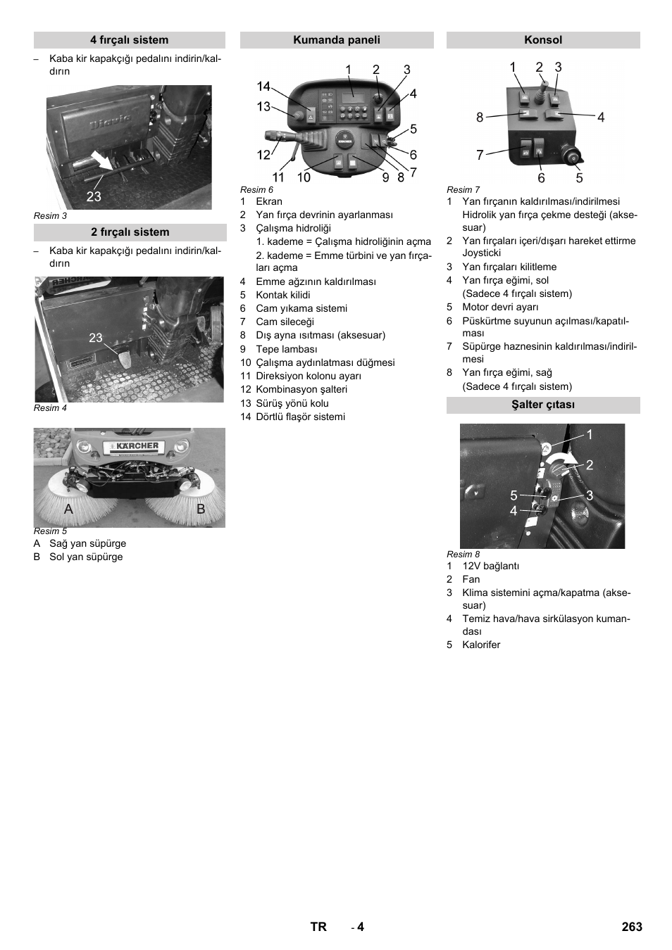 4 fırçalı sistem, 2 fırçalı sistem, Kumanda paneli | Konsol, Şalter çıtası | Karcher ICC 2 D ECO 2SB STAGE IIIa User Manual | Page 263 / 328