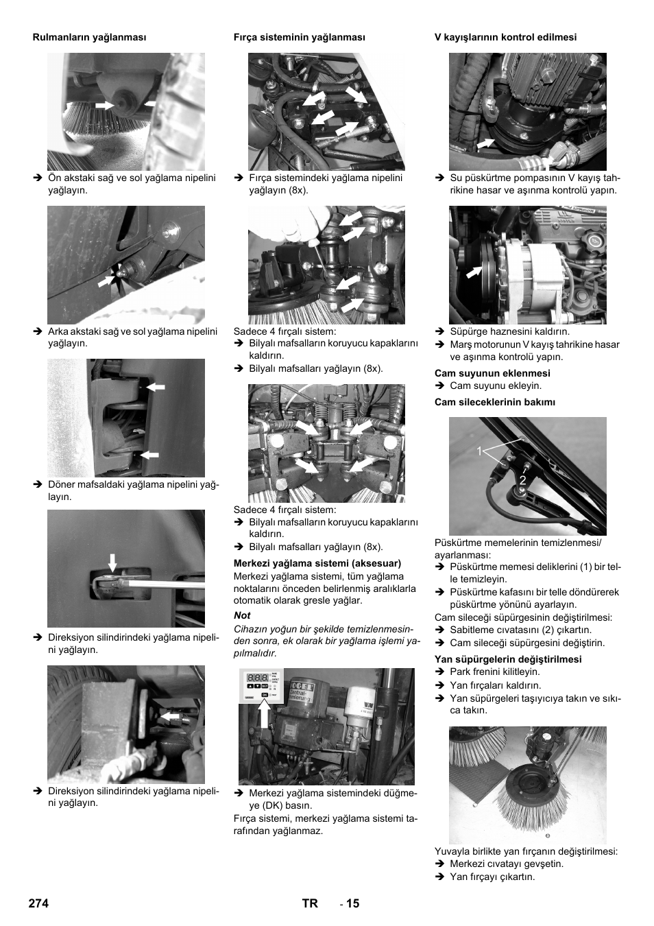 Rulmanların yağlanması, Fırça sisteminin yağlanması, Merkezi yağlama sistemi (aksesuar) | V kayışlarının kontrol edilmesi, Cam suyunun eklenmesi, Cam sileceklerinin bakımı, Yan süpürgelerin değiştirilmesi | Karcher ICC 2 D ECO 2SB STAGE IIIa User Manual | Page 274 / 328