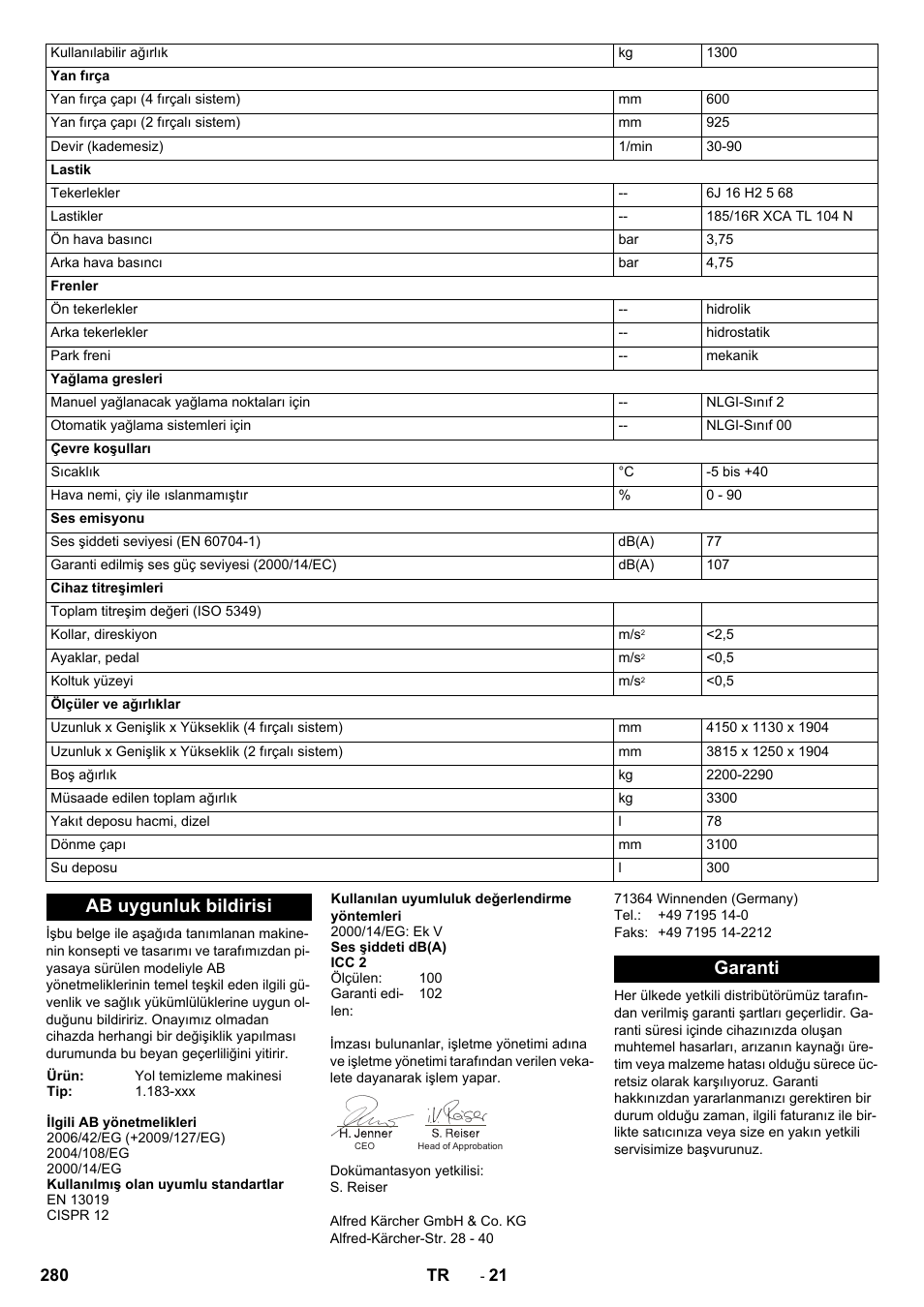 Ab uygunluk bildirisi, Garanti | Karcher ICC 2 D ECO 2SB STAGE IIIa User Manual | Page 280 / 328