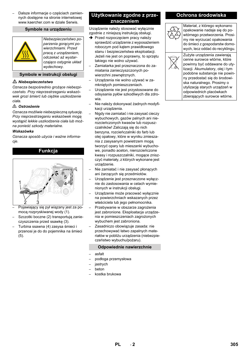 Symbole na urządzeniu, Symbole w instrukcji obsługi, Funkcja | Użytkowanie zgodne z przeznaczeniem, Odpowiednie nawierzchnie, Ochrona środowiska, Funkcja użytkowanie zgodne z prze- znaczeniem | Karcher ICC 2 D ECO 2SB STAGE IIIa User Manual | Page 305 / 328