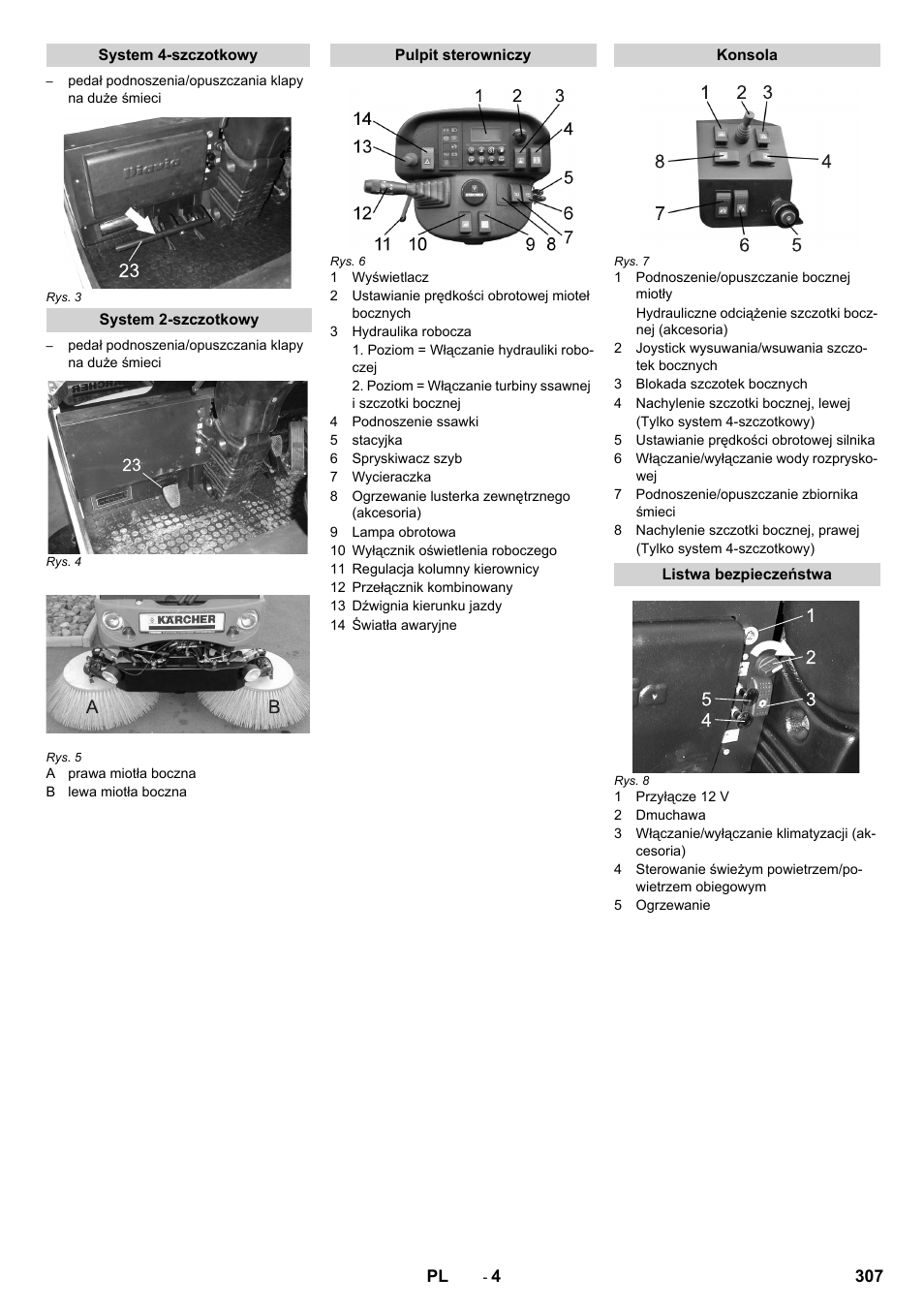 System 4-szczotkowy, System 2-szczotkowy, Pulpit sterowniczy | Konsola, Listwa bezpieczeństwa | Karcher ICC 2 D ECO 2SB STAGE IIIa User Manual | Page 307 / 328