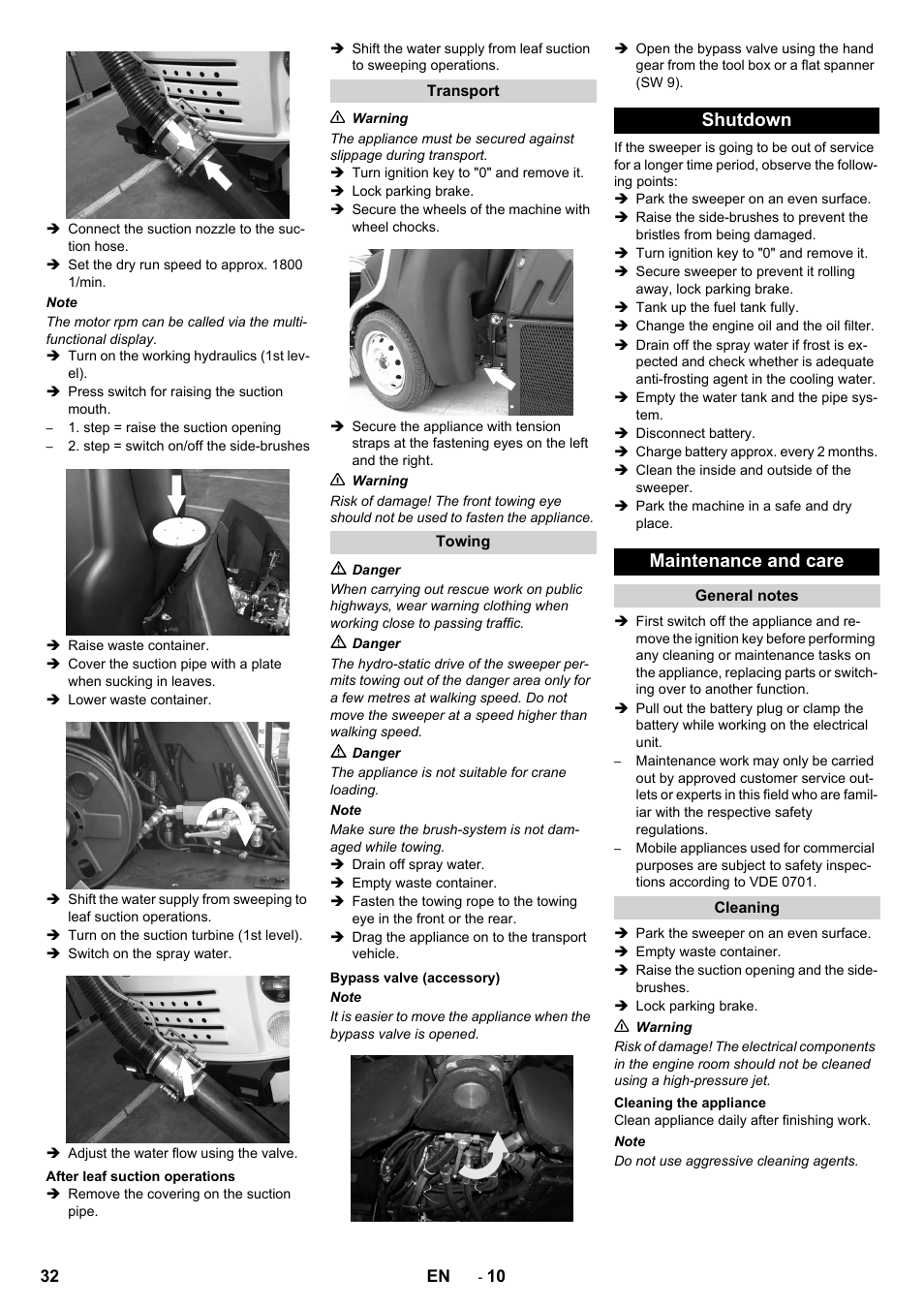 After leaf suction operations, Transport, Towing | Bypass valve (accessory), Shutdown, Maintenance and care, General notes, Cleaning, Cleaning the appliance, Shutdown maintenance and care | Karcher ICC 2 D ECO 2SB STAGE IIIa User Manual | Page 32 / 328