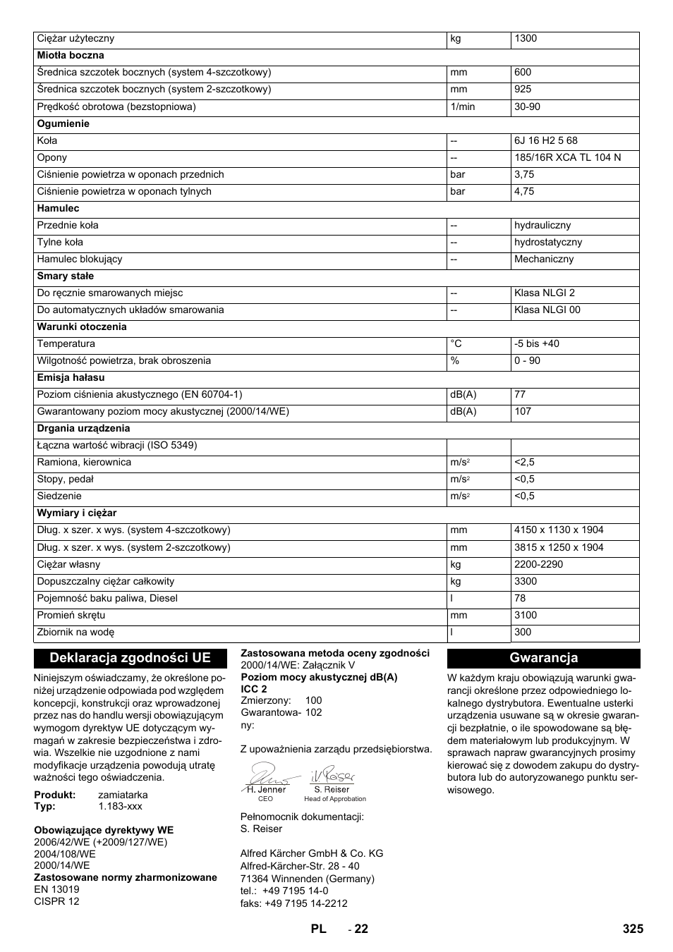 Deklaracja zgodności ue, Gwarancja | Karcher ICC 2 D ECO 2SB STAGE IIIa User Manual | Page 325 / 328