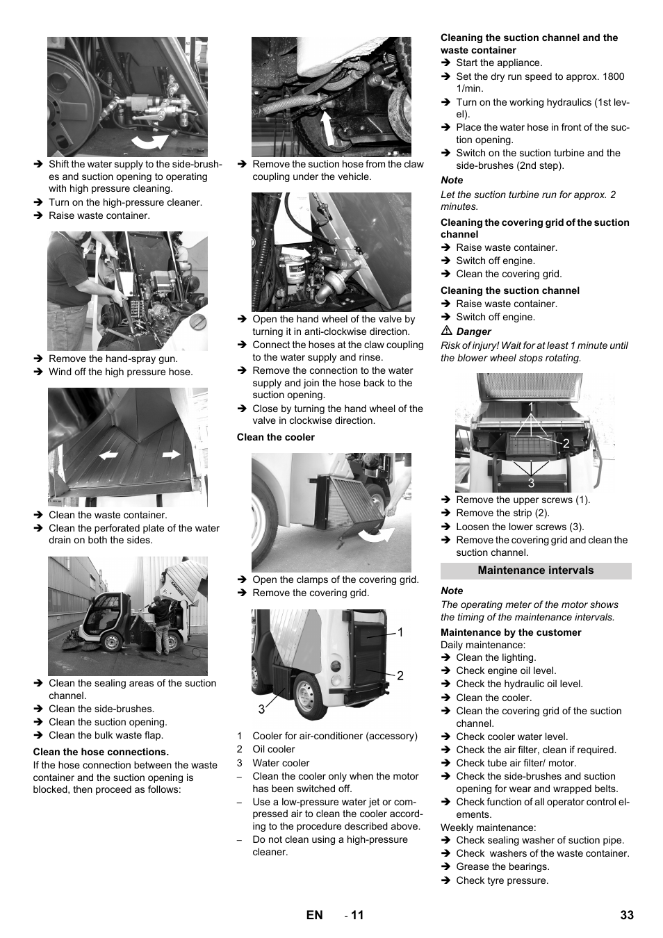 Clean the hose connections, Clean the cooler, Cleaning the covering grid of the suction channel | Cleaning the suction channel, Maintenance intervals, Maintenance by the customer | Karcher ICC 2 D ECO 2SB STAGE IIIa User Manual | Page 33 / 328