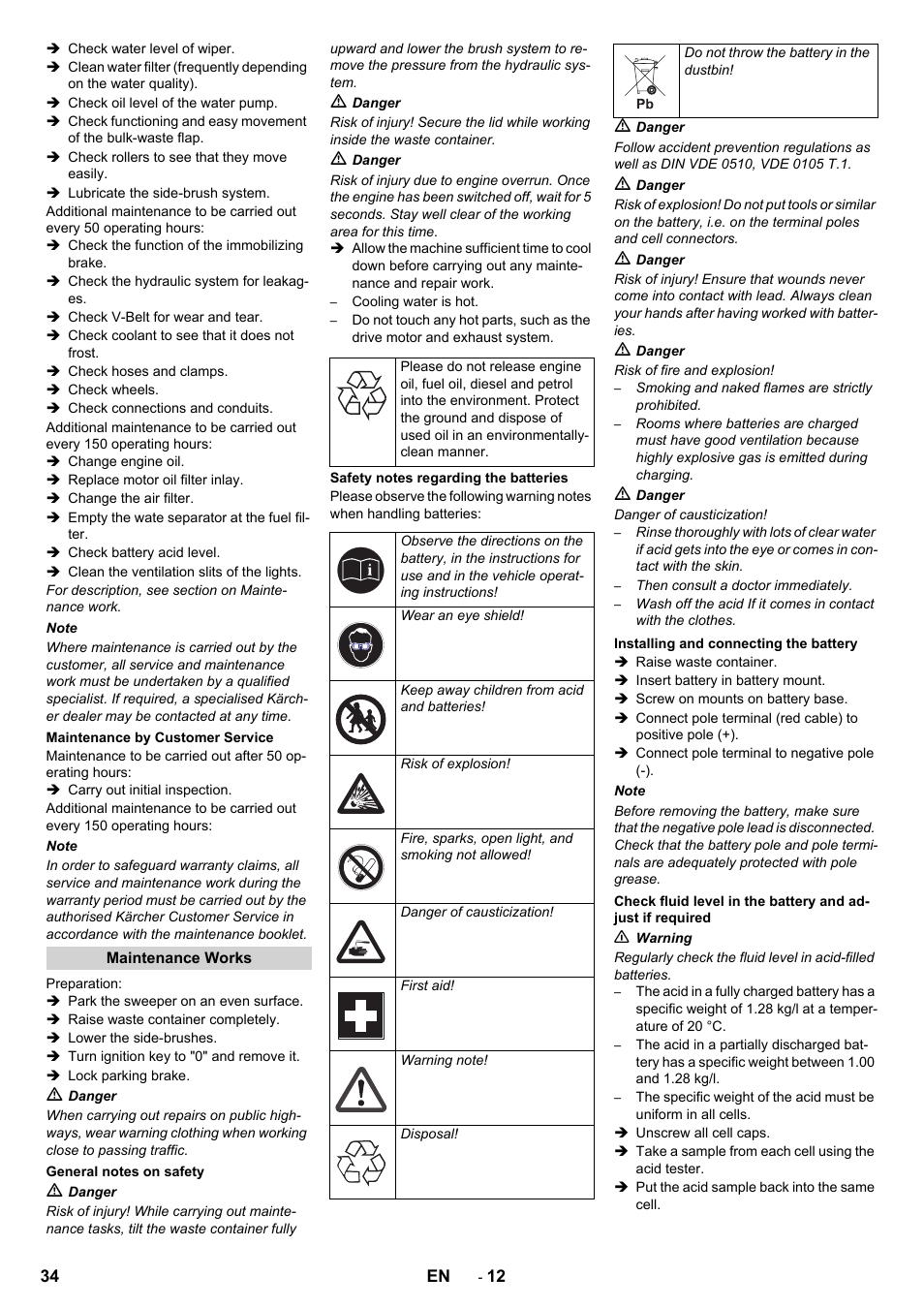 Maintenance by customer service, Maintenance works, General notes on safety | Safety notes regarding the batteries, Installing and connecting the battery | Karcher ICC 2 D ECO 2SB STAGE IIIa User Manual | Page 34 / 328