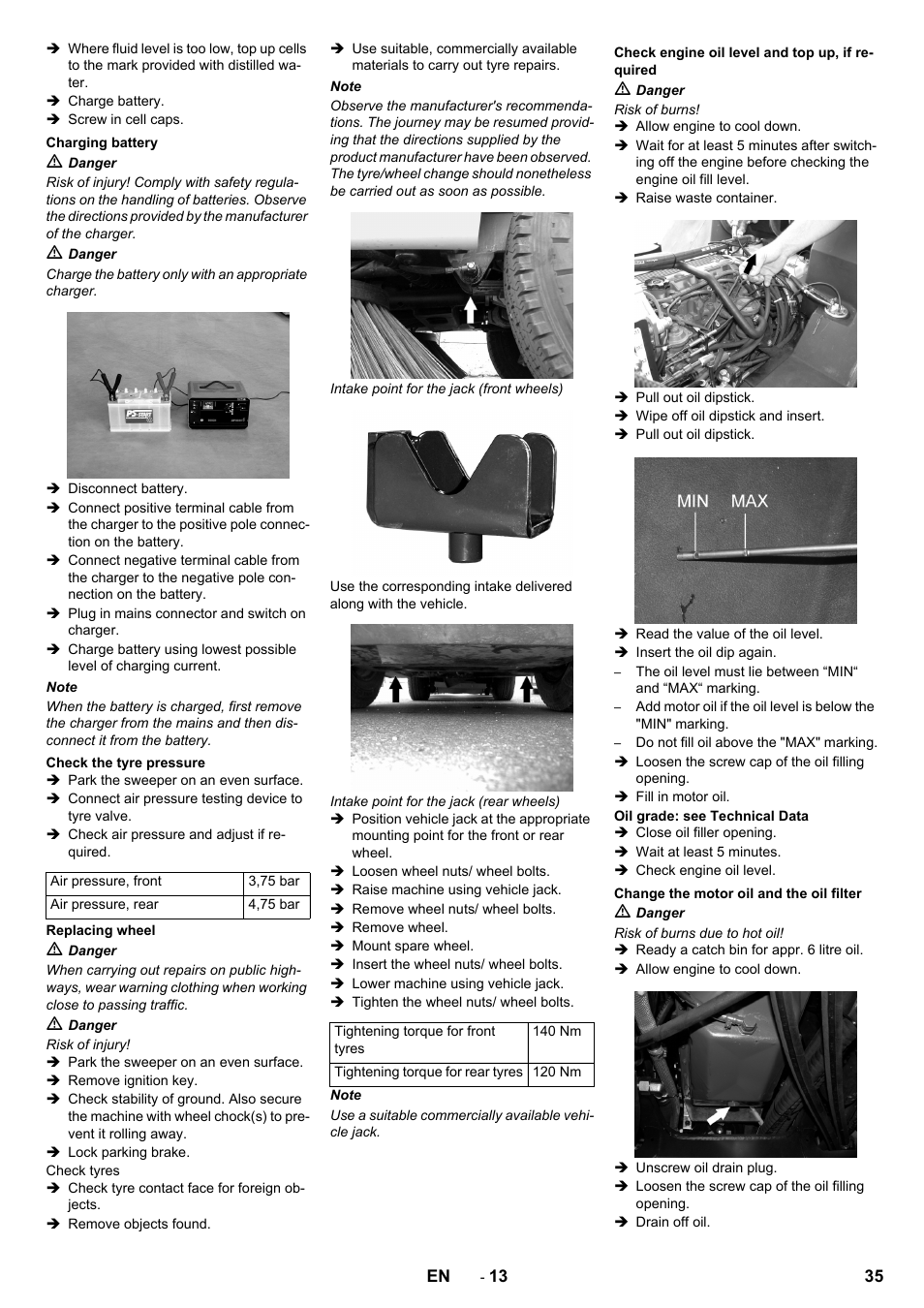 Charging battery, Check the tyre pressure, Replacing wheel | Check engine oil level and top up, if required, Change the motor oil and the oil filter | Karcher ICC 2 D ECO 2SB STAGE IIIa User Manual | Page 35 / 328