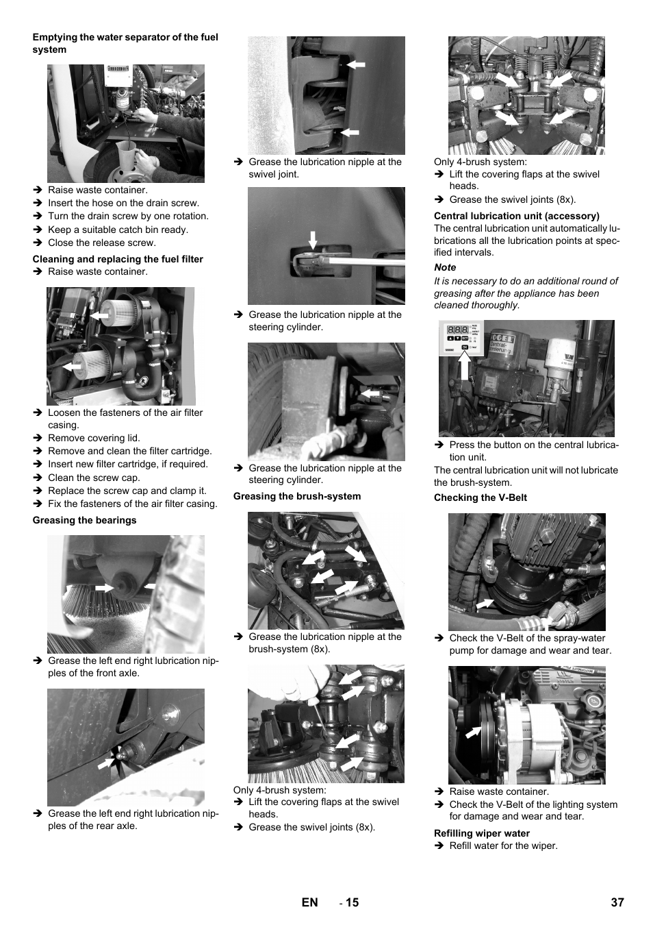 Emptying the water separator of the fuel system, Cleaning and replacing the fuel filter, Greasing the bearings | Greasing the brush-system, Central lubrication unit (accessory), Checking the v-belt, Refilling wiper water | Karcher ICC 2 D ECO 2SB STAGE IIIa User Manual | Page 37 / 328