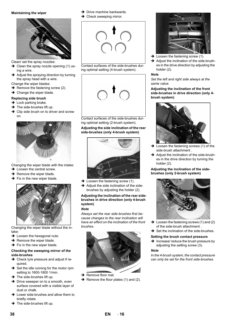 Maintaining the wiper, Replacing side brush, Checking the sweeping mirror of the side-brushes | Setting the brush contact pressure | Karcher ICC 2 D ECO 2SB STAGE IIIa User Manual | Page 38 / 328