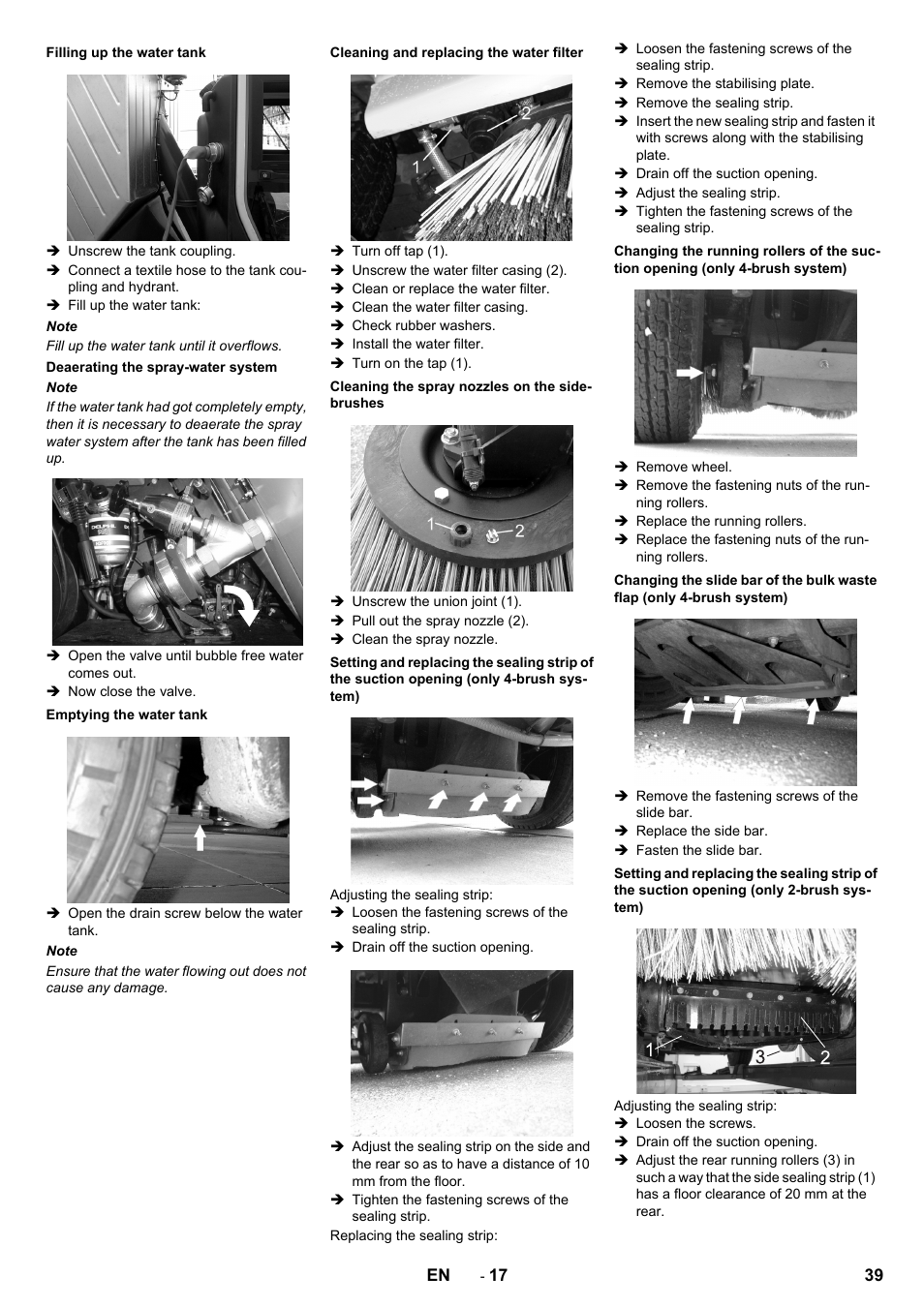 Filling up the water tank, Deaerating the spray-water system, Emptying the water tank | Cleaning and replacing the water filter, Cleaning the spray nozzles on the side- brushes | Karcher ICC 2 D ECO 2SB STAGE IIIa User Manual | Page 39 / 328