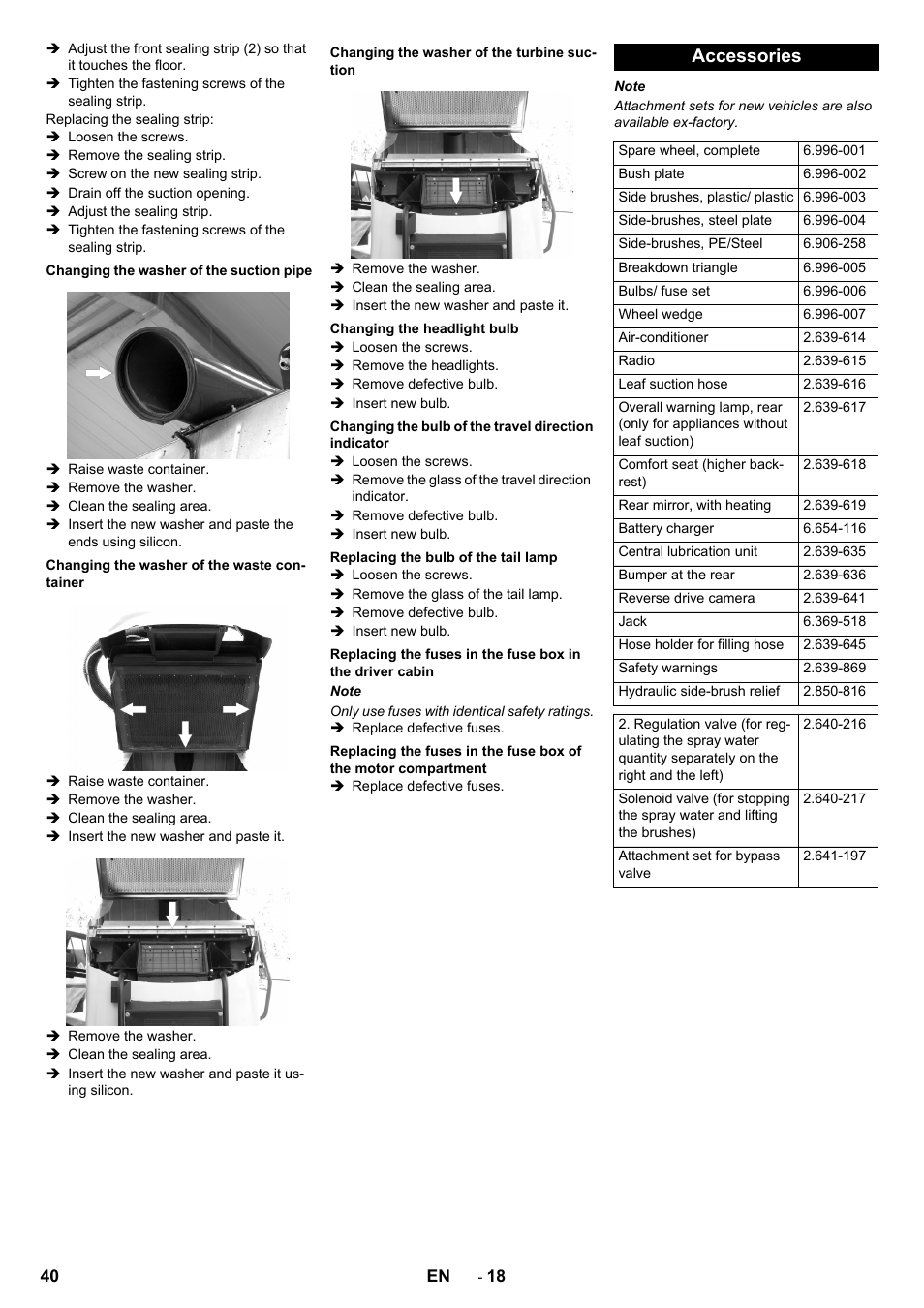 Changing the washer of the suction pipe, Changing the washer of the waste container, Changing the washer of the turbine suction | Changing the headlight bulb, Replacing the bulb of the tail lamp, Accessories | Karcher ICC 2 D ECO 2SB STAGE IIIa User Manual | Page 40 / 328