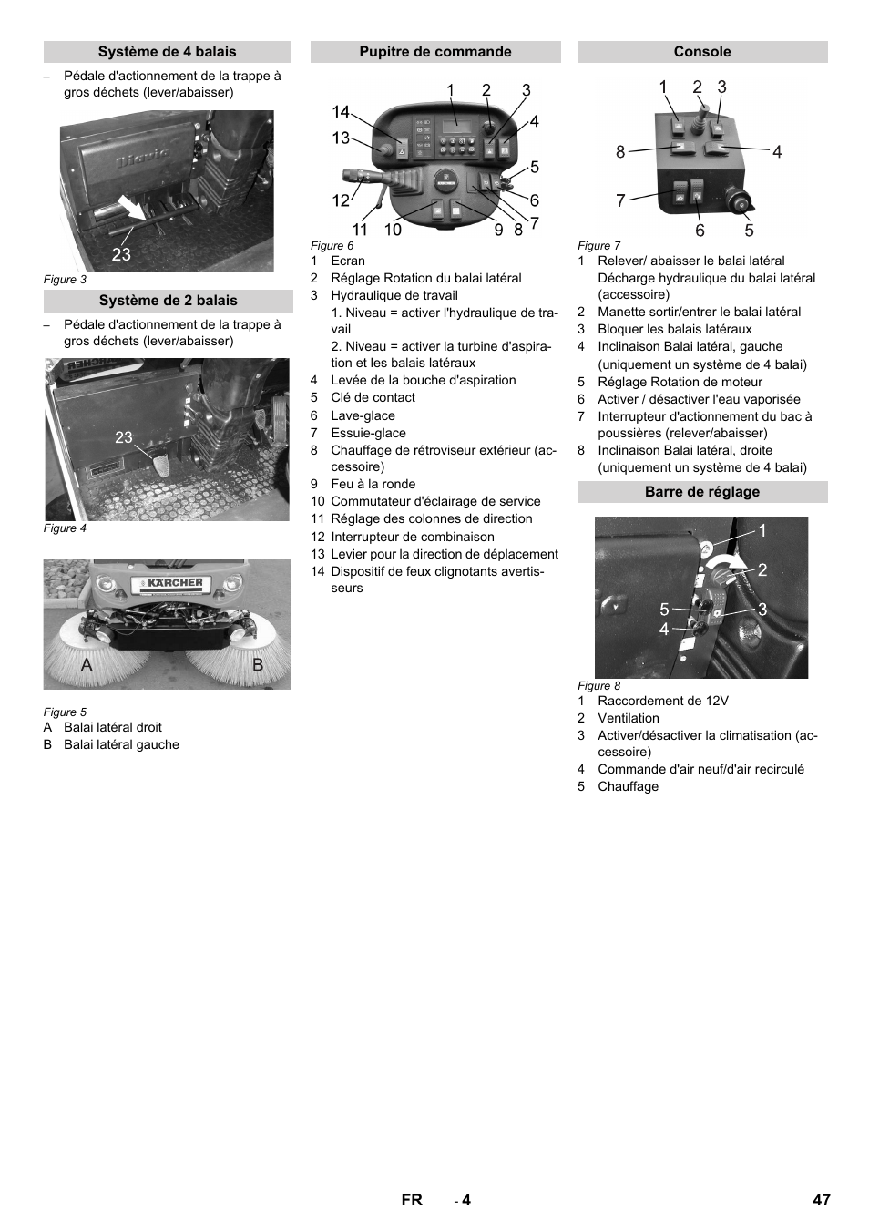 Système de 4 balais, Système de 2 balais, Pupitre de commande | Console, Barre de réglage | Karcher ICC 2 D ECO 2SB STAGE IIIa User Manual | Page 47 / 328