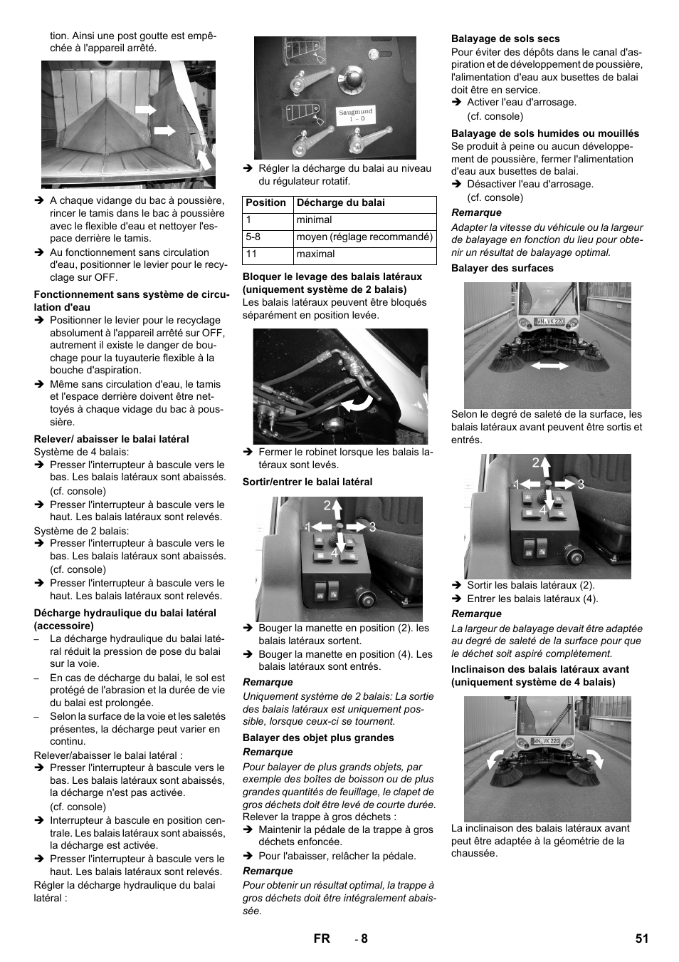 Fonctionnement sans système de circulation d'eau, Relever/ abaisser le balai latéral, Décharge hydraulique du balai latéral (accessoire) | Sortir/entrer le balai latéral, Balayer des objet plus grandes, Balayage de sols secs, Balayage de sols humides ou mouillés, Balayer des surfaces | Karcher ICC 2 D ECO 2SB STAGE IIIa User Manual | Page 51 / 328