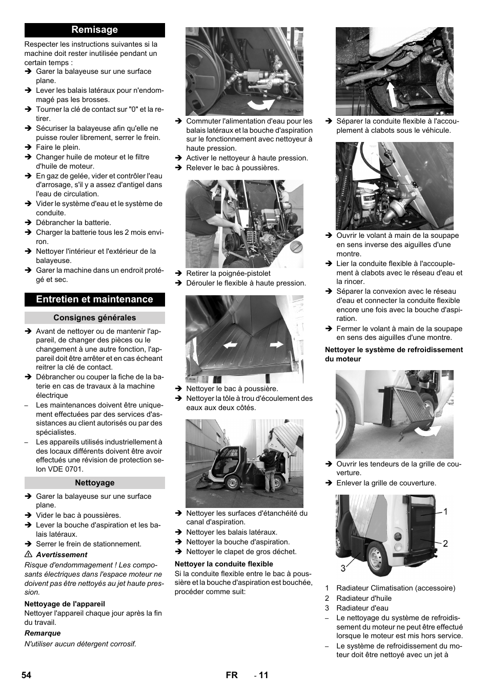 Remisage, Entretien et maintenance, Consignes générales | Nettoyage, Nettoyage de l'appareil, Nettoyer la conduite flexible, Nettoyer le système de refroidissement du moteur, Remisage entretien et maintenance | Karcher ICC 2 D ECO 2SB STAGE IIIa User Manual | Page 54 / 328