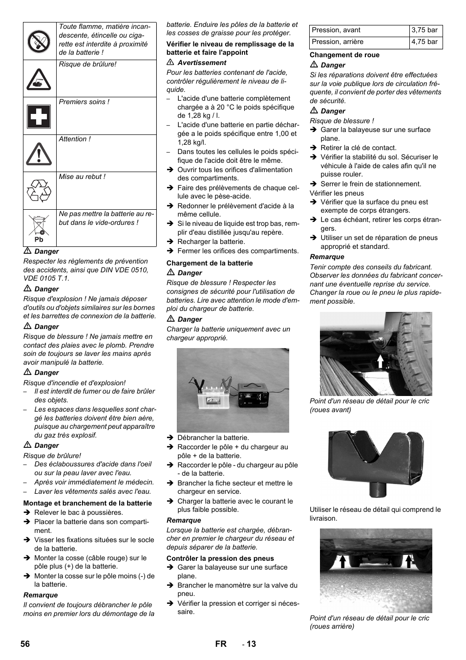 Montage et branchement de la batterie, Chargement de la batterie, Contrôler la pression des pneus | Changement de roue | Karcher ICC 2 D ECO 2SB STAGE IIIa User Manual | Page 56 / 328