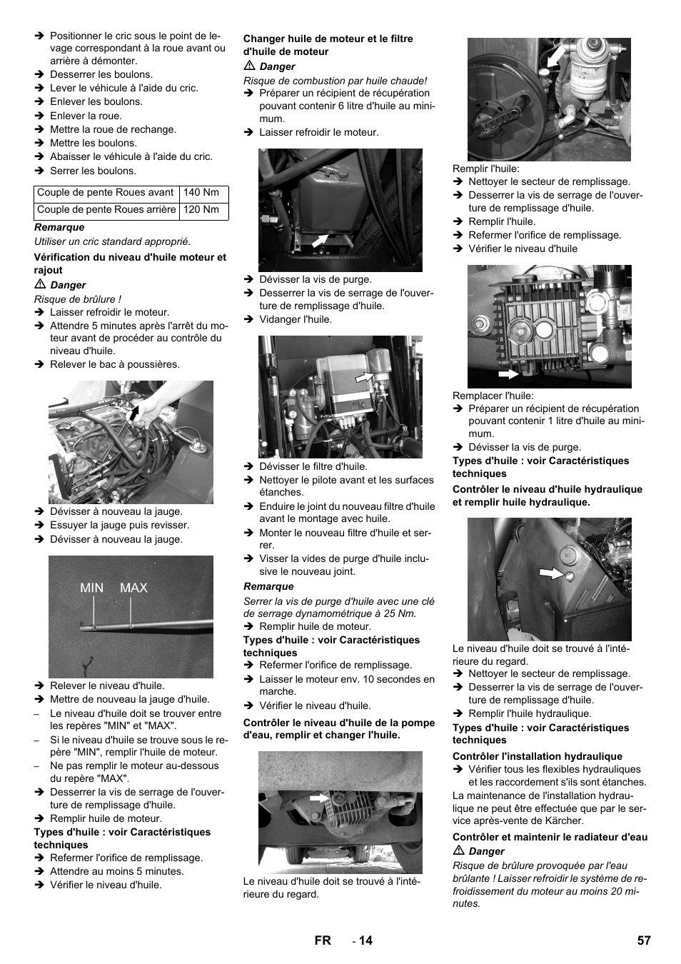 Vérification du niveau d'huile moteur et rajout, Contrôler l'installation hydraulique, Contrôler et maintenir le radiateur d'eau | Karcher ICC 2 D ECO 2SB STAGE IIIa User Manual | Page 57 / 328