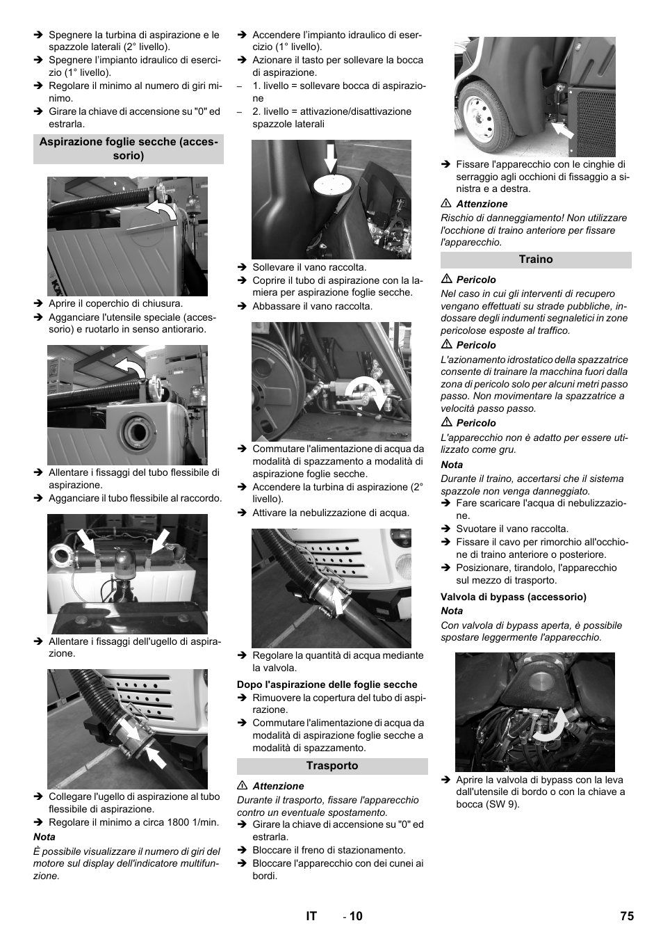 Aspirazione foglie secche (accessorio), Dopo l'aspirazione delle foglie secche, Trasporto | Traino, Valvola di bypass (accessorio) | Karcher ICC 2 D ECO 2SB STAGE IIIa User Manual | Page 75 / 328