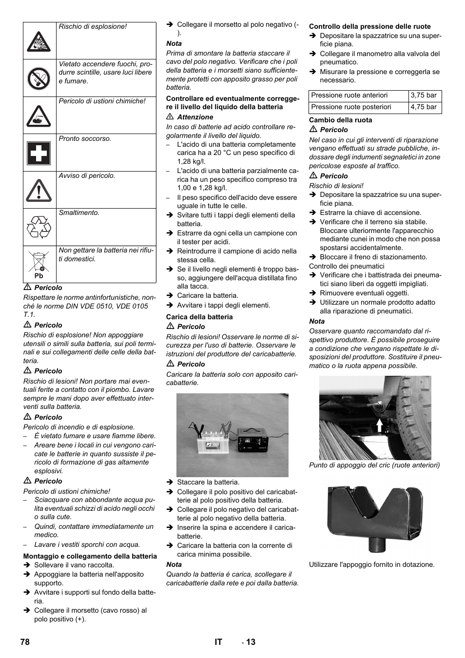 Montaggio e collegamento della batteria, Carica della batteria, Controllo della pressione delle ruote | Cambio della ruota | Karcher ICC 2 D ECO 2SB STAGE IIIa User Manual | Page 78 / 328