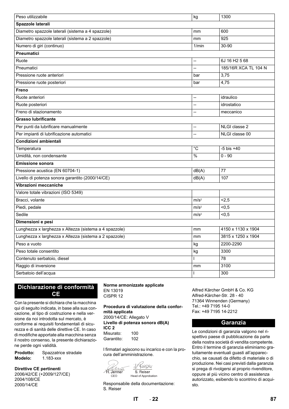 Dichiarazione di conformità ce, Garanzia | Karcher ICC 2 D ECO 2SB STAGE IIIa User Manual | Page 87 / 328