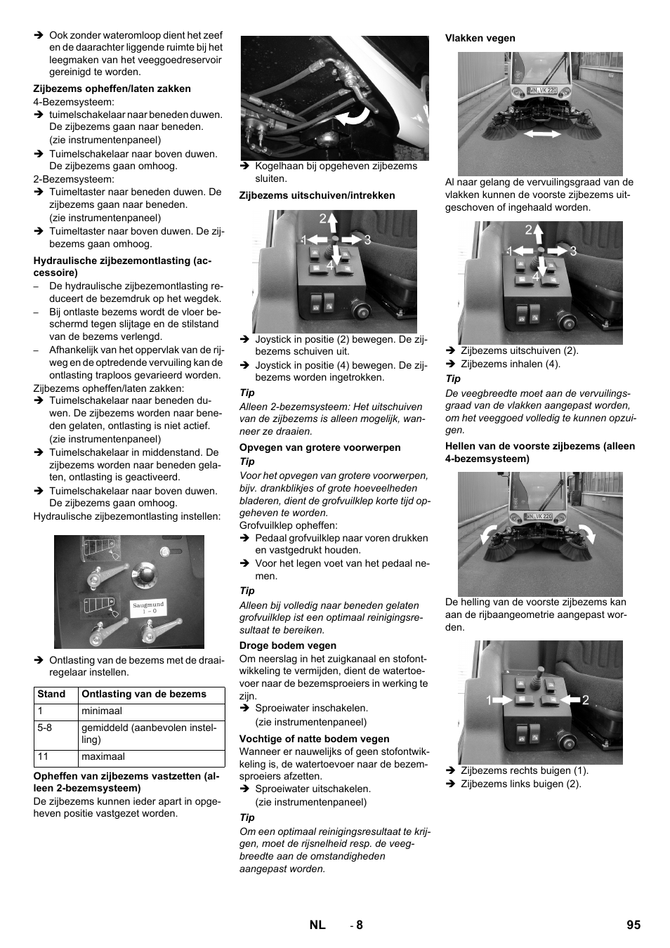 Zijbezems opheffen/laten zakken, Hydraulische zijbezemontlasting (accessoire), Zijbezems uitschuiven/intrekken | Opvegen van grotere voorwerpen, Droge bodem vegen, Vochtige of natte bodem vegen, Vlakken vegen | Karcher ICC 2 D ECO 2SB STAGE IIIa User Manual | Page 95 / 328