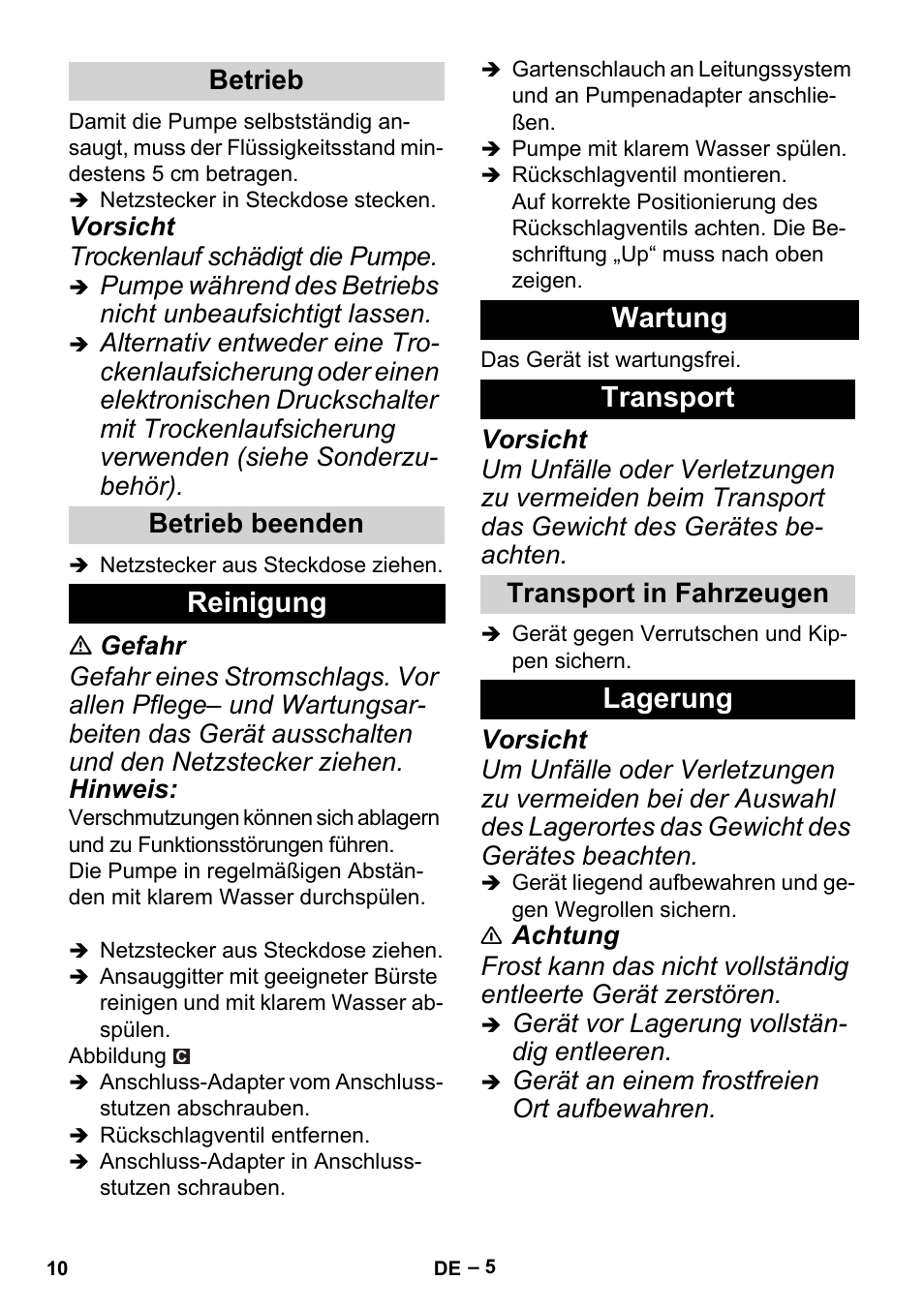 Betrieb, Betrieb beenden, Reinigung | Wartung, Transport, Transport in fahrzeugen, Lagerung, Reinigung wartung transport, Betrieb betrieb beenden | Karcher BP 2 Cistern User Manual | Page 10 / 82