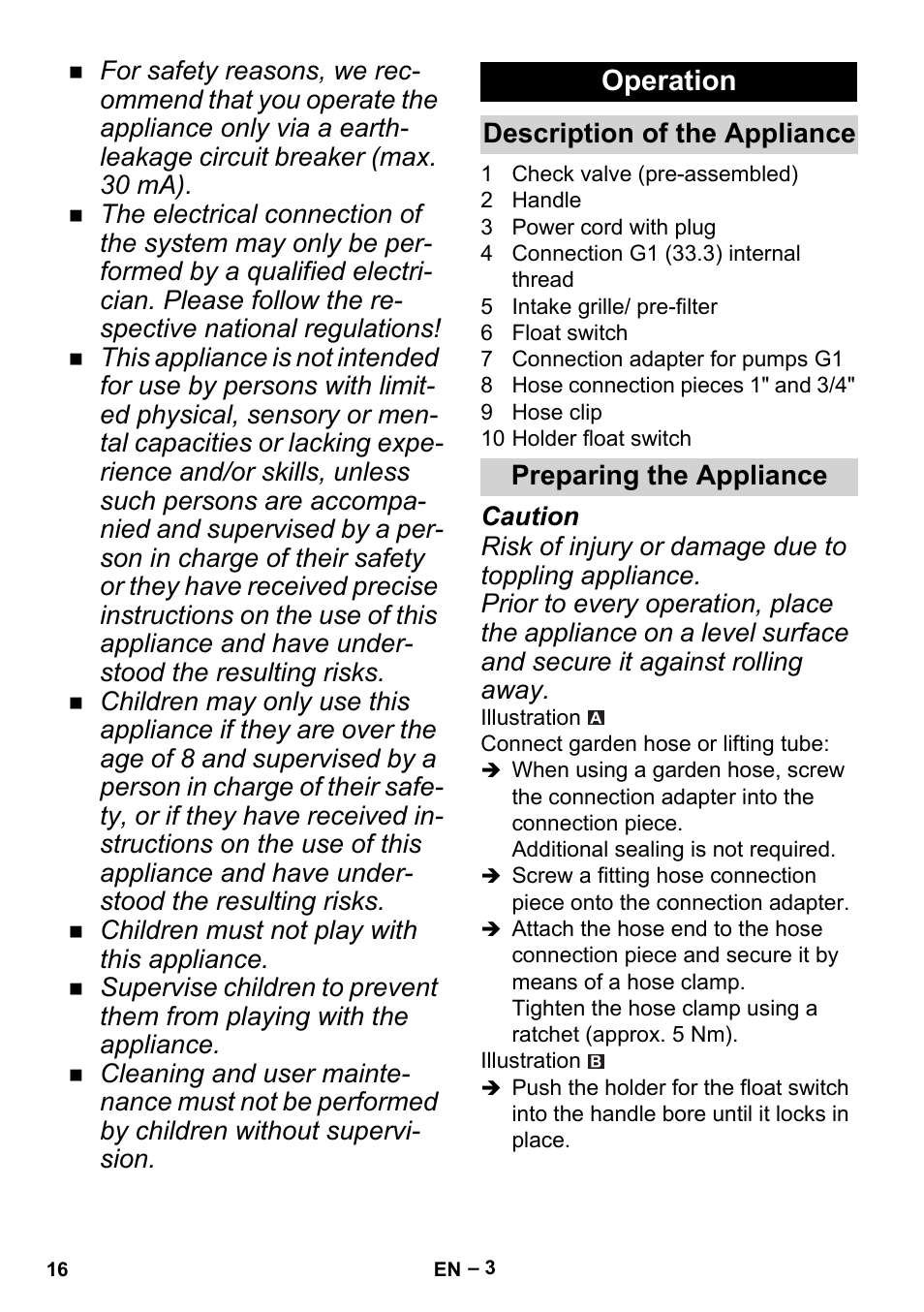 Operation, Description of the appliance, Preparing the appliance | Karcher BP 2 Cistern User Manual | Page 16 / 82