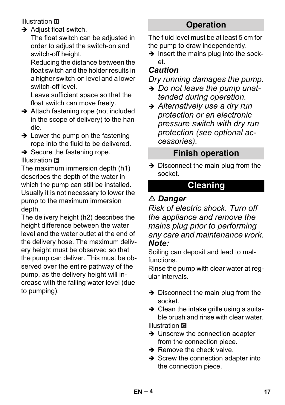 Operation, Finish operation, Cleaning | Operation finish operation, Caution dry running damages the pump | Karcher BP 2 Cistern User Manual | Page 17 / 82