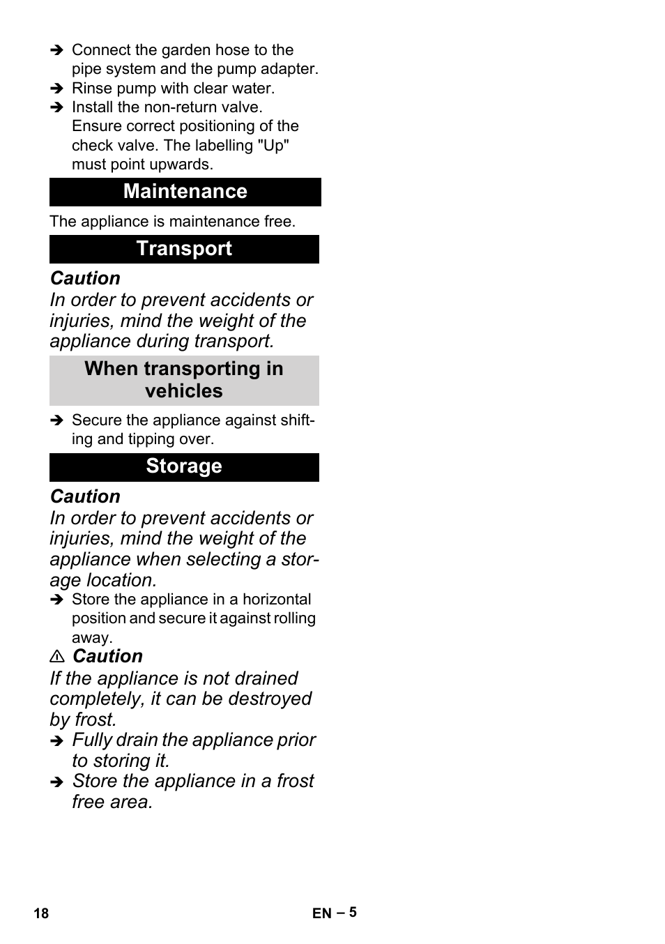 Maintenance, Transport, When transporting in vehicles | Storage, Maintenance transport | Karcher BP 2 Cistern User Manual | Page 18 / 82
