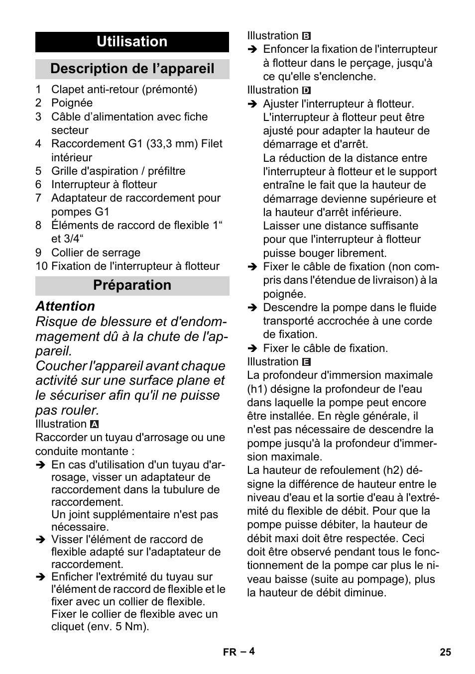 Utilisation, Description de l’appareil, Préparation | Description de l’appareil préparation | Karcher BP 2 Cistern User Manual | Page 25 / 82