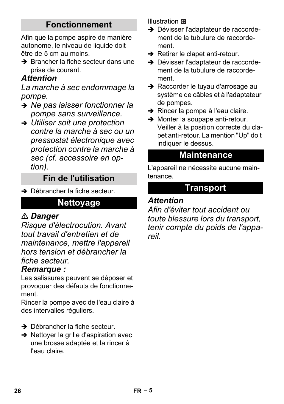 Fonctionnement, Fin de l'utilisation, Nettoyage | Maintenance, Transport, Nettoyage maintenance transport, Fonctionnement fin de l'utilisation | Karcher BP 2 Cistern User Manual | Page 26 / 82