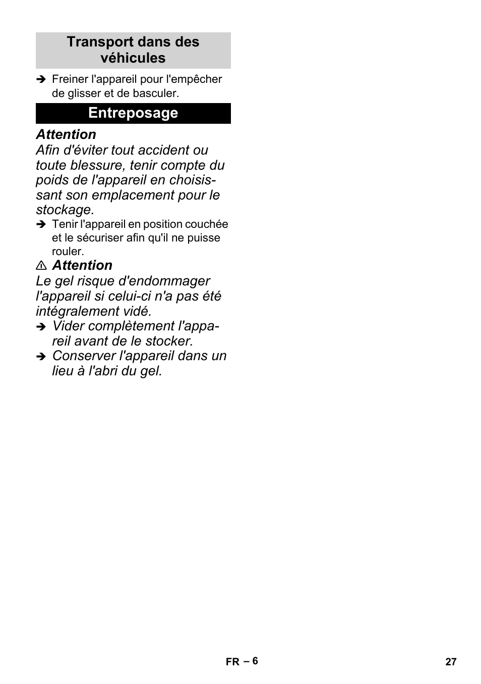 Transport dans des véhicules, Entreposage | Karcher BP 2 Cistern User Manual | Page 27 / 82