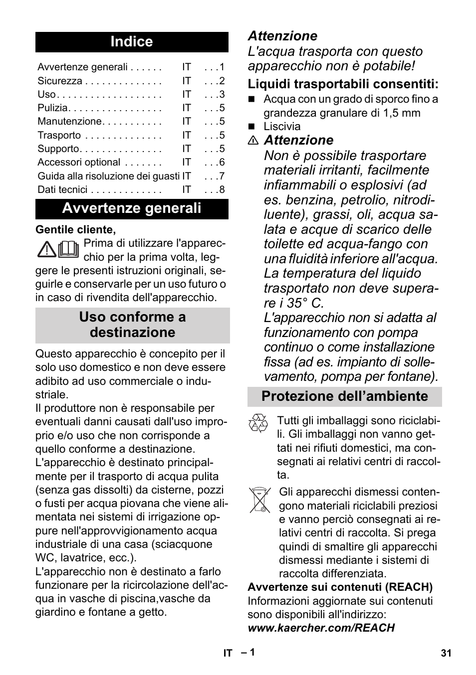 Italiano, Indice, Avvertenze generali | Uso conforme a destinazione, Liquidi trasportabili consentiti, Protezione dell’ambiente | Karcher BP 2 Cistern User Manual | Page 31 / 82