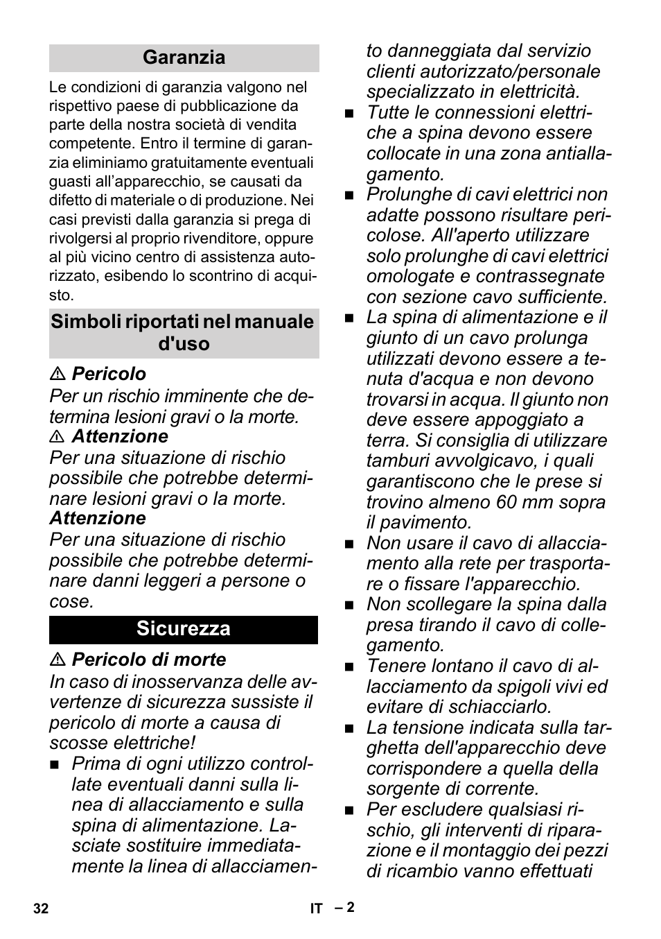 Garanzia, Simboli riportati nel manuale d'uso, Sicurezza | Karcher BP 2 Cistern User Manual | Page 32 / 82