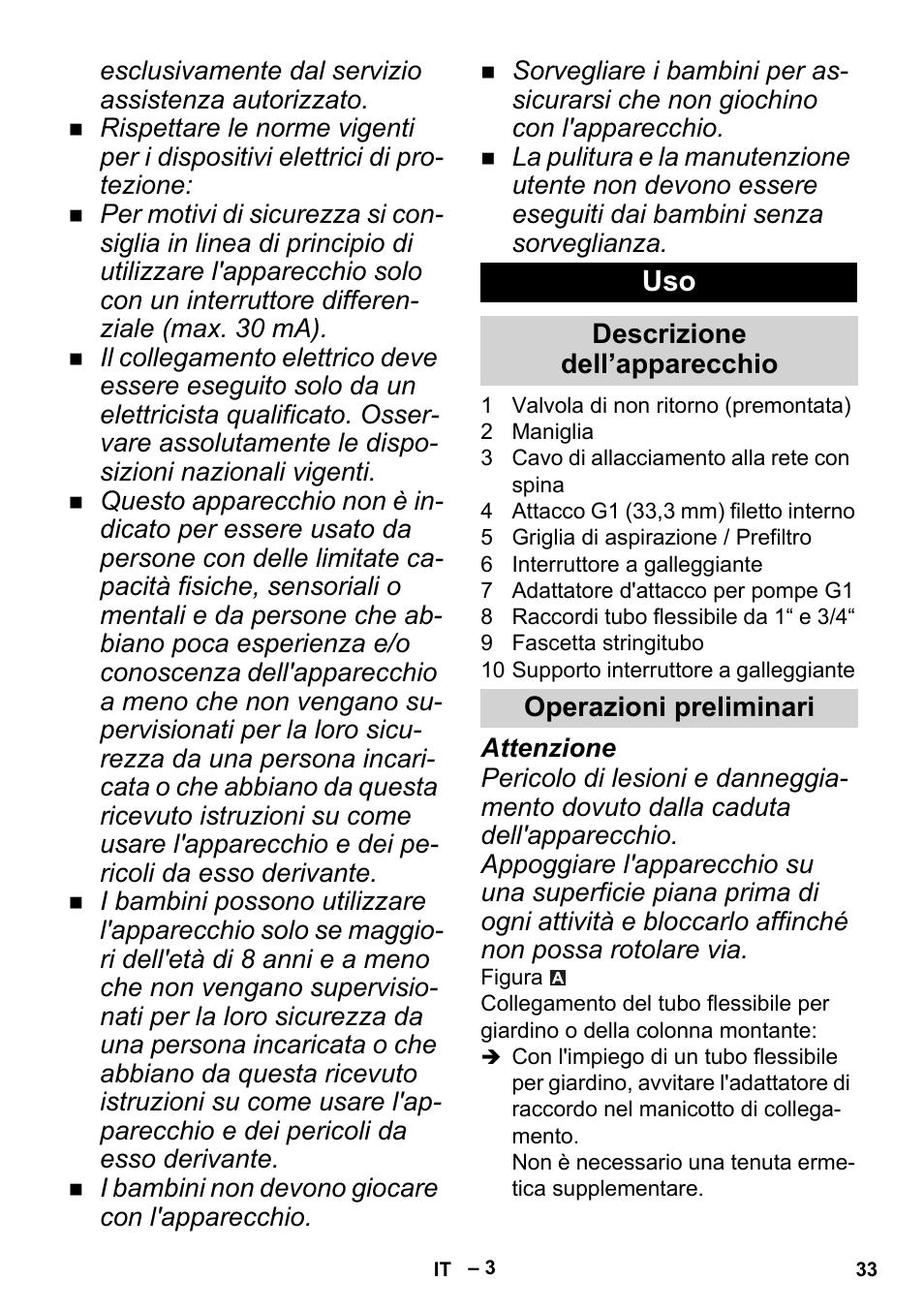 Descrizione dell’apparecchio, Operazioni preliminari | Karcher BP 2 Cistern User Manual | Page 33 / 82