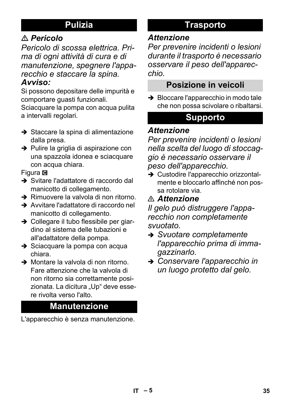 Pulizia, Manutenzione, Trasporto | Posizione in veicoli, Supporto, Pulizia manutenzione trasporto | Karcher BP 2 Cistern User Manual | Page 35 / 82