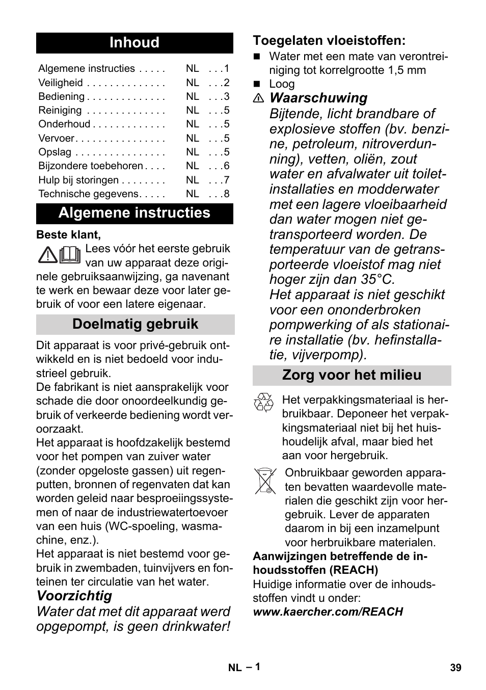 Nederlands, Inhoud, Algemene instructies | Doelmatig gebruik, Toegelaten vloeistoffen, Zorg voor het milieu | Karcher BP 2 Cistern User Manual | Page 39 / 82