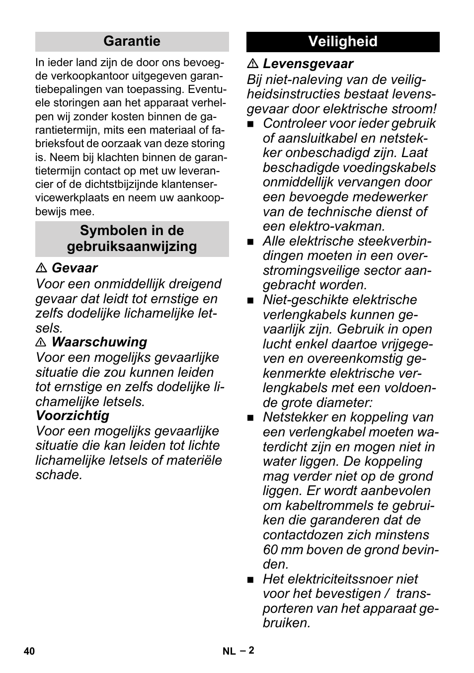 Garantie, Symbolen in de gebruiksaanwijzing, Veiligheid | Karcher BP 2 Cistern User Manual | Page 40 / 82