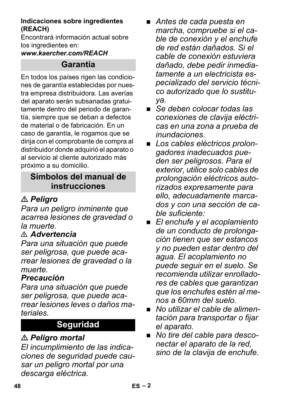 Garantía, Símbolos del manual de instrucciones, Seguridad | Karcher BP 2 Cistern User Manual | Page 48 / 82